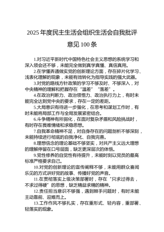 2025年度民主生活会组织生活会自我批评意见100条