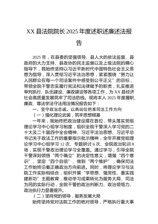 XX县法院院长2025年度述职述廉述法报告