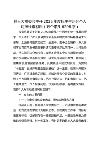 县人大常委会主任2025年度民主生活会个人对照检查材料（五个带头 6208字）