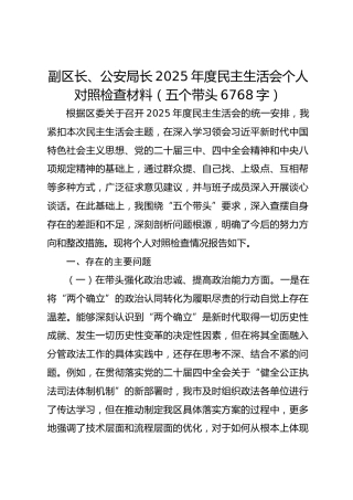 副区长、公安局长2025年度民主生活会个人对照检查材料（五个带头 6768字）