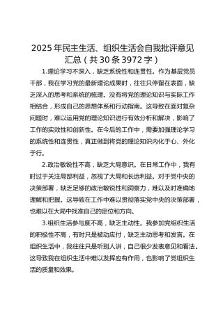 2025年民主生活、组织生活会自我批评意见汇总（共30条 3972字）