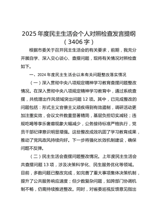 2025年度民主生活会个人对照检查发言提纲（3406字）