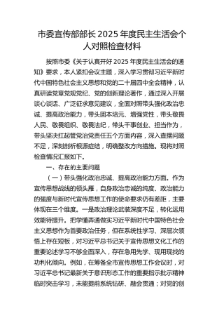 市委宣传部部长2025年度民主生活会个人对照检查材料（五个带头）