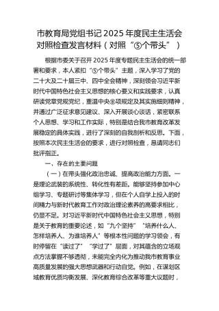 市教育局党组书记2025年度民主生活会对照检查发言材料（五个带头）