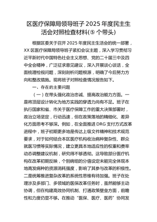 区医疗保障局领导班子2025年度民主生活会对照检查材料（五个带头）