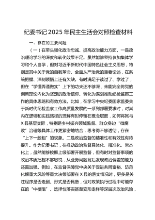 纪委书记2025年民主生活会对照检查材料（五个带头）