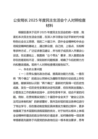 公安局长2025年度民主生活会个人对照检查材料（五个带头）