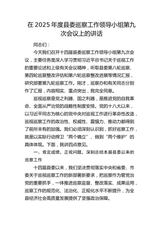 在2025年度县委巡察工作领导小组第九次会议上的讲话