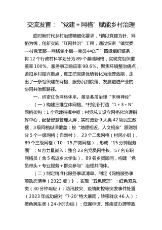 乡镇经验交流发言：“党建＋网格”赋能乡村治理