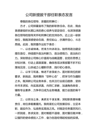 公司新提拔干部任职表态发言