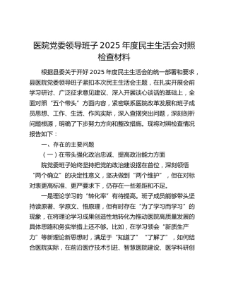 医院党委领导班子2025年度民主生活会对照检查材料（五个带头）