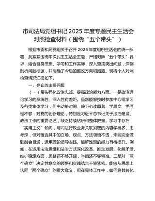 市司法局党组书记2025年度专题民主生活会对照检查材料（围绕“五个带头”）