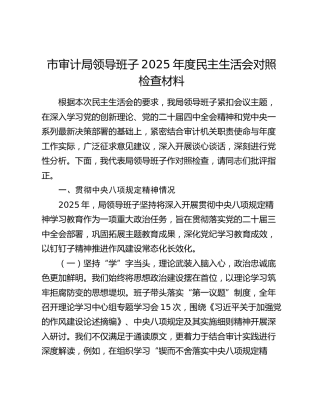 市审计局领导班子2025年度民主生活会对照检查材料（贯彻中央八项规定精神情况+五个带头+典型案例剖析）