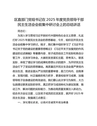 区直部门党组书记在2025年度党员领导干部民主生活会会前集中研讨会上的总结讲话