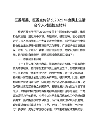 区委常委、区委宣传部长2025年度民主生活会个人对照检查材料（五个带头）