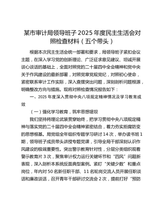 某市审计局领导班子2025年度民主生活会对照检查材料（五个带头）