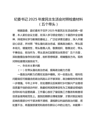 纪委书记2025年度民主生活会对照检查材料（五个带头）
