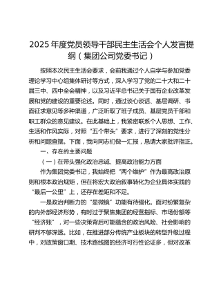 2025年度党员领导干部民主生活会个人发言提纲（集团公司党委书记、五个带头）