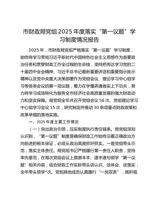 市财政局党组2025年度落实“第一议题”学习制度情况报告