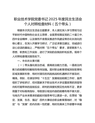 职业技术学院党委书记2025年度民主生活会个人对照检查材料（五个带头）