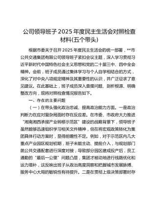 公司领导班子2025年度民主生活会对照检查材料(五个带头)