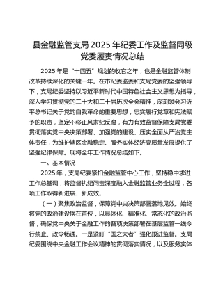 县金融监管支局2025年纪委工作及监督同级党委履责情况总结