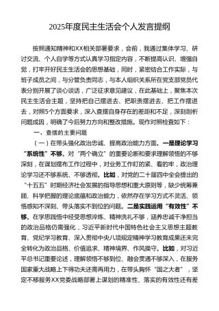 2025年班子成员民主生活会发言提纲（五个带头）（2）