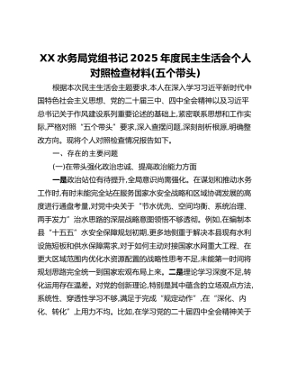 XX水务局党组书记2025年度民主生活会个人对照检查材料(五个带头)
