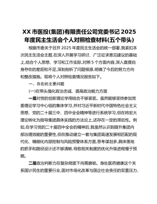 XX市医投(集团)有限责任公司党委书记2025年度民主生活会个人对照检查材料(五个带头)