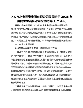 XX市水务投资集团有限公司领导班子2025年度民主生活会对照检查材料(五个带头)