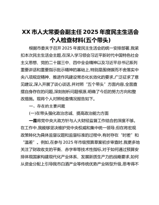 XX市人大常委会副主任2025年度民主生活会个人检查材料(五个带头)