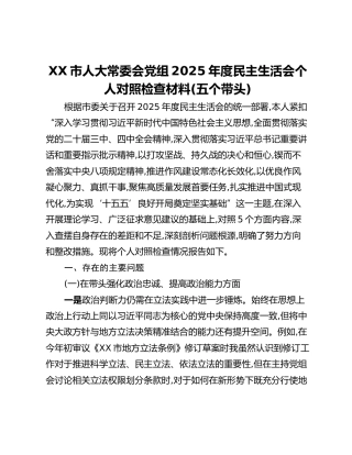 XX市人大常委会党组2025年度民主生活会个人对照检查材料(五个带头)