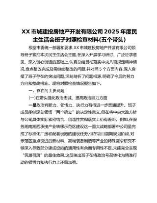 XX市城建投房地产开发有限公司2025年度民主生活会班子对照检查材料(五个带头)