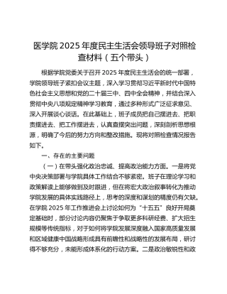 医学院2025年度民主生活会领导班子对照检查材料（五个带头）