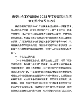 市委社会工作部部长2025年度专题民主生活会对照检查发言材料（五个带头）
