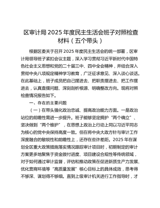 区审计局2025年度民主生活会班子对照检查材料（五个带头）