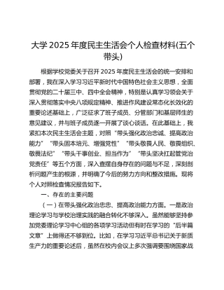 大学2025年度民主生活会个人检查材料(五个带头)