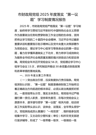 2025年度落实“第一议题”学习制度情况总结报告（财政）