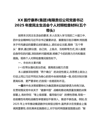 XX医疗康养(集团)有限责任公司党委书记2025年度民主生活会个人对照检查材料(五个带头)
