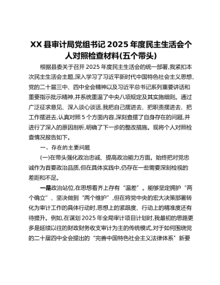 XX县审计局党组书记2025年度民主生活会个人对照检查材料(五个带头)