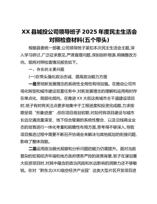 XX县城投公司领导班子2025年度民主生活会对照检查材料（五个带头）