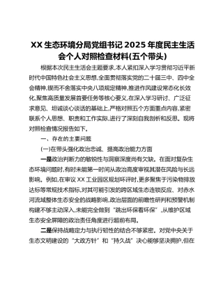 XX生态环境分局党组书记2025年度民主生活会个人对照检查材料(五个带头)