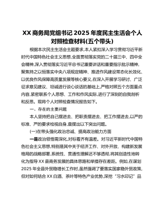 XX商务局党组书记2025年度民主生活会个人对照检查材料(五个带头)