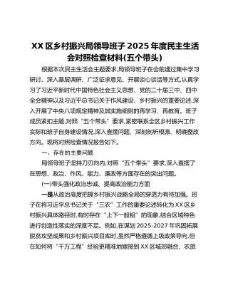 XX区乡村振兴局领导班子2025年度民主生活会对照检查材料（五个带头）