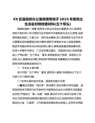 XX区县政府办公室局领导班子2025年度民主生活会对照检查材料（五个带头）