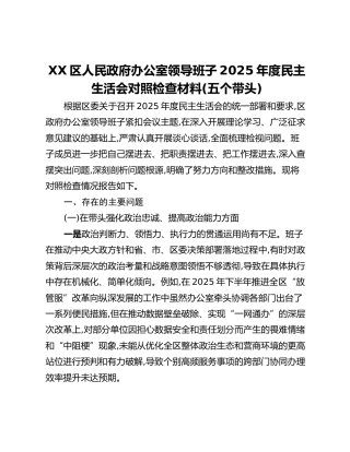 XX区人民政府办公室领导班子2025年度民主生活会对照检查材料（五个带头）_1