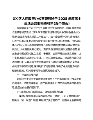 XX区人民政府办公室领导班子2025年度民主生活会对照检查材料（五个带头）