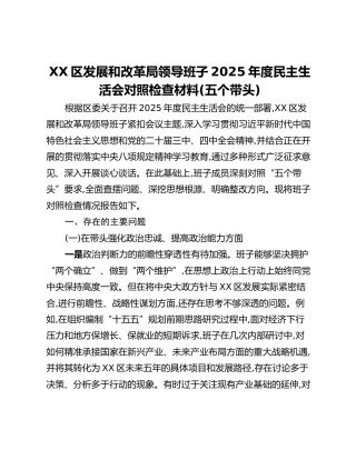 XX区发展和改革局领导班子2025年度民主生活会对照检查材料（五个带头）