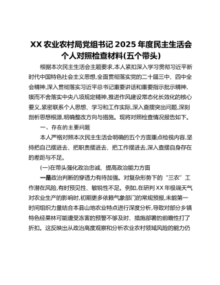 XX农业农村局党组书记2025年度民主生活会个人对照检查材料(五个带头)