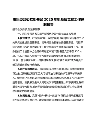 市纪委监委党组书记2025年抓基层党建工作述职报告